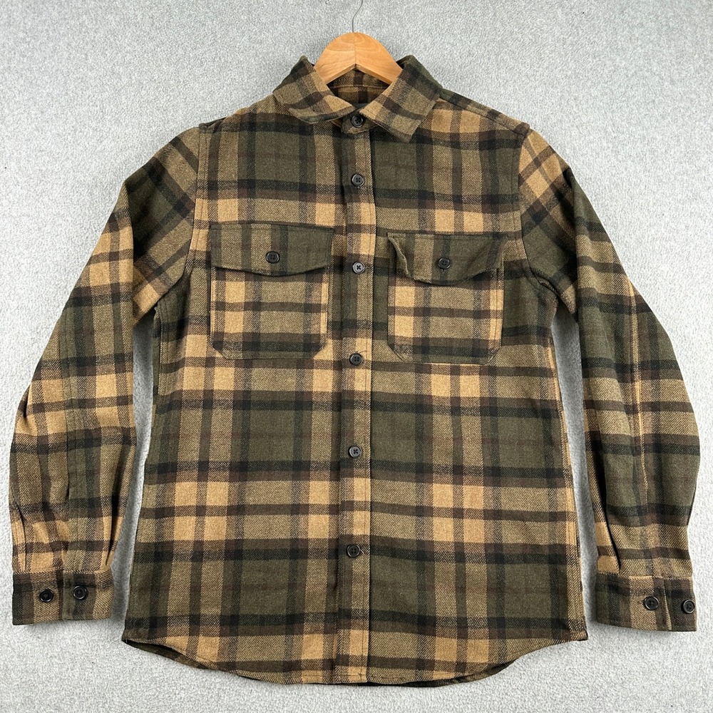 H&M Flannel Shirt Mens Small Brown Plaid Button‎ Long Sleeve Heavyweight Shacket